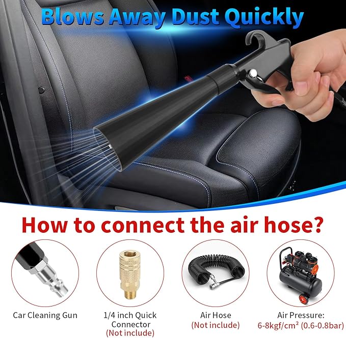 Car Cleaning Gun, High Pressure Air Blow Gun with 2 Nozzles, Air Cleaning Gun Detailing Kit, Interior Metal Dry Cleaning Gun Works with Air Compressor