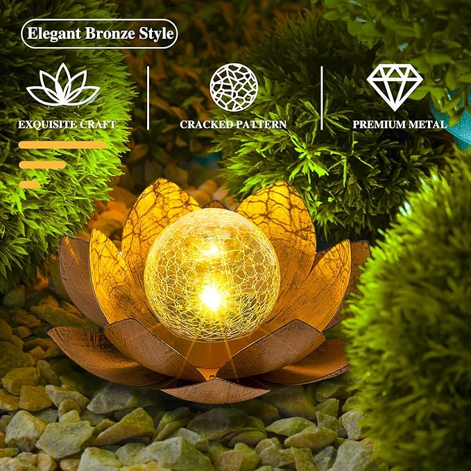 Solar Light Outdoor(2Pack), Art Crackle Globe Glass Lotus Decoration, Solar LED Waterproof Metal Flower Lights for Patio,Lawn,Walkway,Tabletop