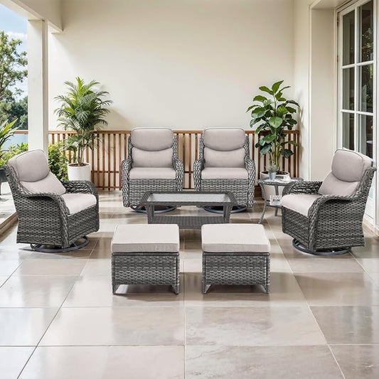Outdoor Swivel Rocker Patio Chairs Set of 4 with Coffee Table - 5" Thick Cushion 8 Piece Furniture Set All Weather Comfortable Wicker Conversation Set for Porch Deck - Gray/Beige