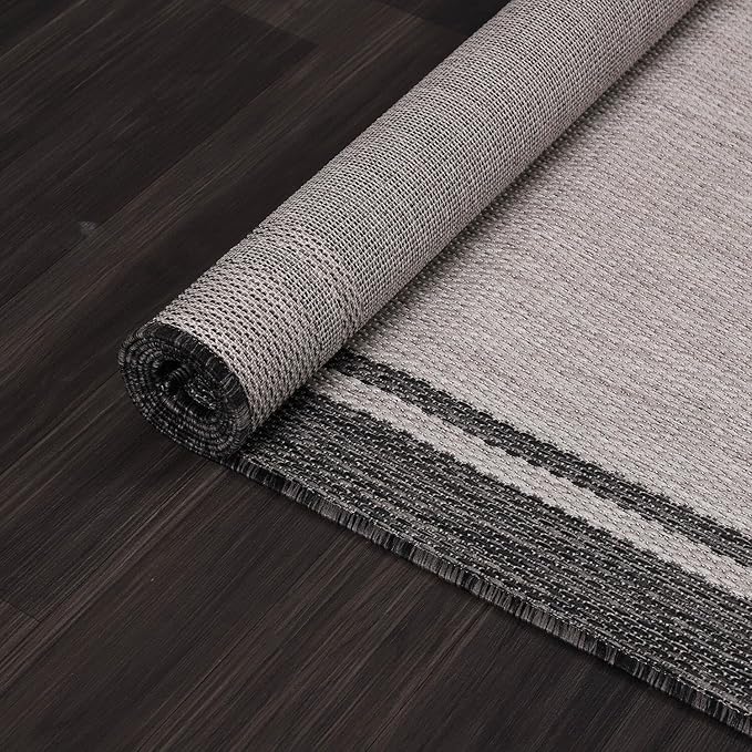 CAMILSON Indoor Outdoor Rug, 9x12 Bordered Gray Modern Area Rugs for Large Indoor and Outdoor Patios, Kitchen and Hallway Mats, Washable Porch Deck Outside Carpet (Bordered Grey, 9 x 12)