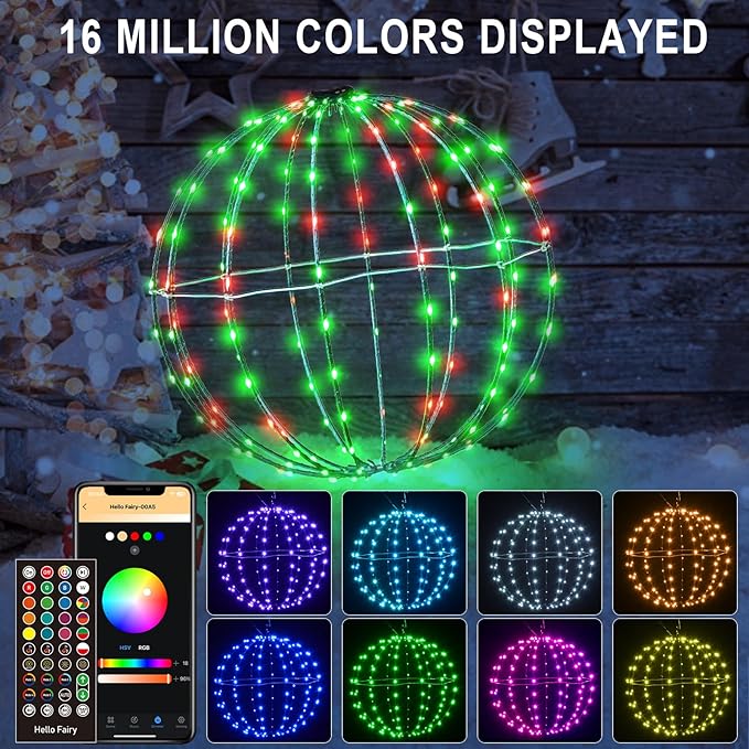 3 Pack 16” Outdoor/Indoor LED Christmas Light Balls, Smart Hanging Tree Decor Sphere Lights, Dimmer Color Changing, App & Remote Control, Timer, Waterproof, Holiday, Patio, Wedding Decor