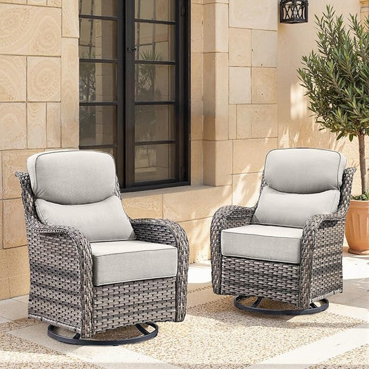 Swivel Patio Chairs Set of 2 with 6" Thick Cushion - Wicker Outdoor Swivel Rocker Patio Chairs, High Back Comfortable Outdoor Glider Chairs 360° Rotation Glider Gray Wicker - Beige Cushion
