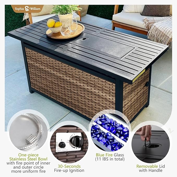 Sophia & William Patio Furniture Set with Fire Pit Table, 11 Piece Half Moon Outdoor Wicker Sectional Sofa Set, Curved Rattan Conversation Set with 56-Inch Fire Pit Table(Beige)