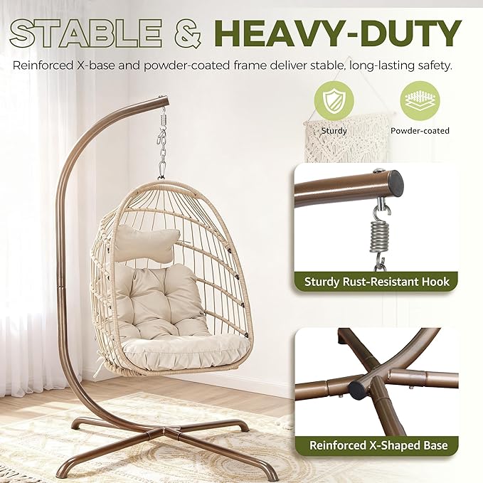 RADIATA Royal Craft Hanging Egg Chair with Stand, All-Weather Wicker Swing Chair with Dome Design and Cushion, 350Lbs Indoor Outdoor Hammock Basket Seat for Bedroom Balcony Patio Porch, Beige