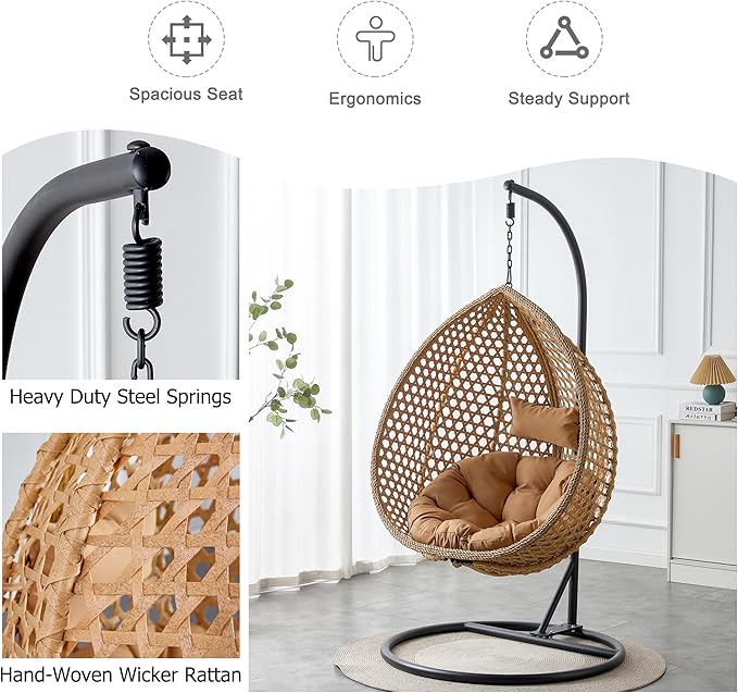 Hanging Egg Chair with Stand, Egg Swing Chair with Stand Indoor Outdoor,Yellow Wicker Swing Egg Chair for Adults, Hammock Chair with Comfortable Cushion and Stable Round Metal Base for Bedroom Patio