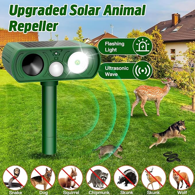 Animal Deterrent Devices Outdoor, Solar Animal Repeller with Motion Sensor Animal Repeller to Repel Cat, Deer, Squirrel, Rabbit, Dog, Skunk (Green - 2 Pack) Model12