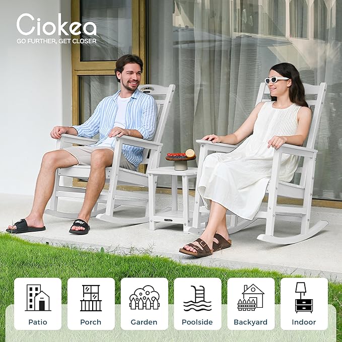 Ciokea Oversized Outdoor Rocking Chair, HDPE Porch Rocking Chair for Outside, Weatherproof Comfortable Patio Rockers for Front Deck Balcony, White