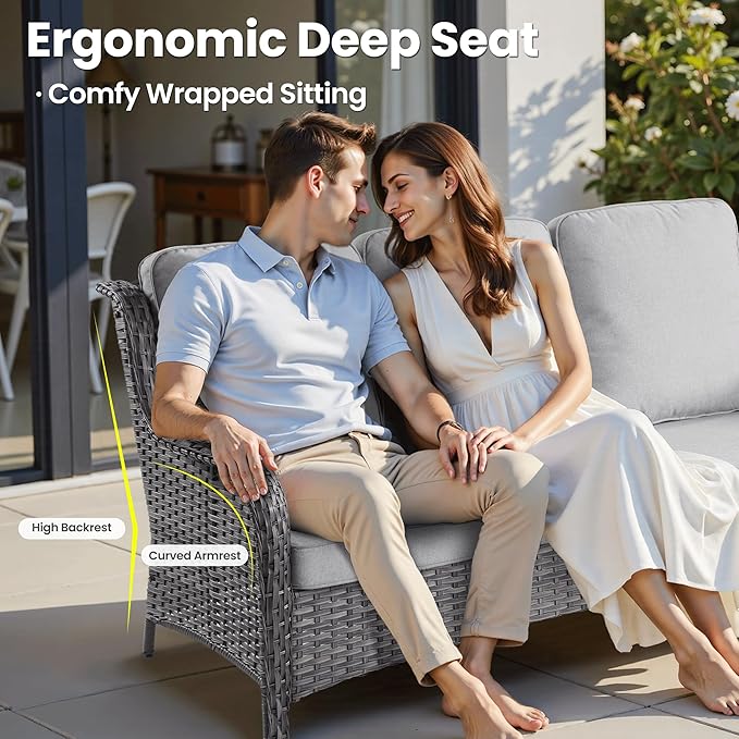ovios 10 Pieces Patio Furniture Set, Outdoor Wicker Sofa Couch with Swivel Chairs 54" Fire Pit Table, High Back All Weather Modern Conversation Sets, Grey Rattan, Grey