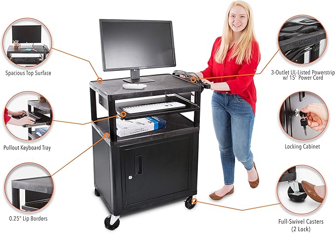 Line Leader Plastic AV Cart with Keyboard Tray and Locking Metal Cabinet, Heavy Duty Mobile Workstation with 4 Rolling Casters, 2 Locking Brakes, Heavy Duty, Holds up to 100 lbs (34 Inch w Cabinet)