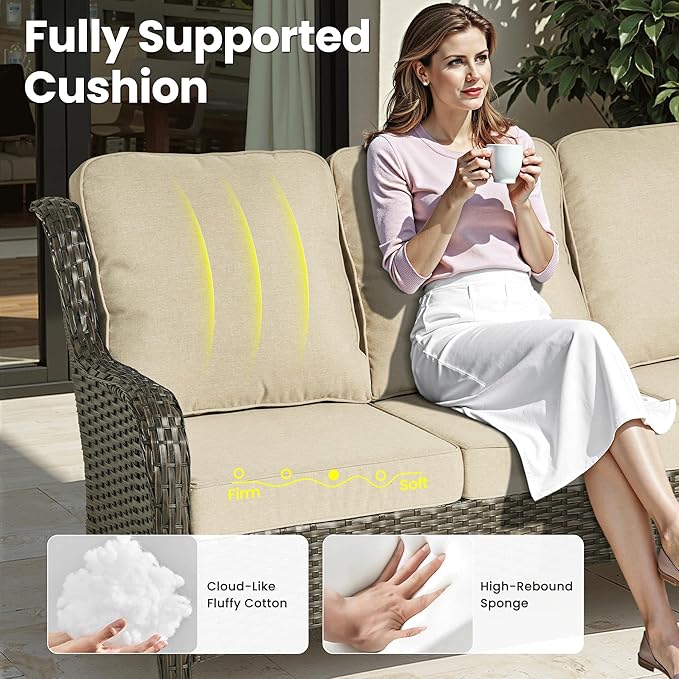 ovios 6-Pieces Patio Furniture Set with Swivel Chairs, Outdoor Wicker Sofa Couch Gliders Rocker Comfy Cushions, High Back Modern Conversation Set, Brown Rattan, Beige