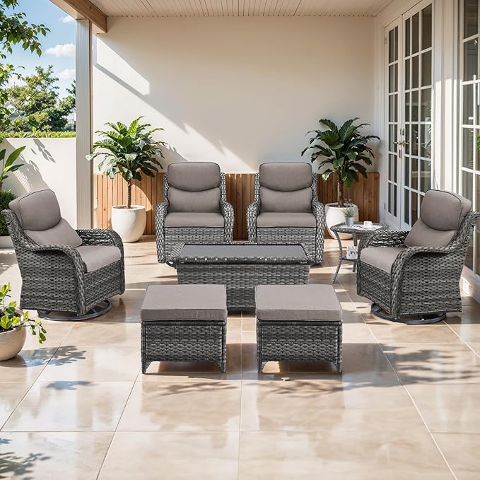 Outdoor Swivel Rocker Patio Chairs Set of 4 with Ottoman Coffee Table - 5" Thick Cushion 8 Piece Furniture Set All Weather Comfortable Wicker Conversation Set for Porch Deck - Gray/Gray