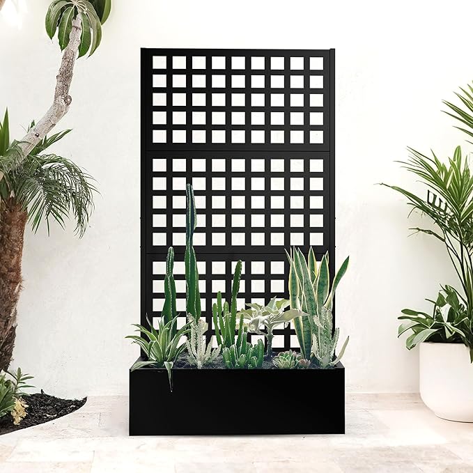 Metal Planter Box with Trellis, Raised Garden Bed for Climbing Plants，Privacy Screen with Garden Boxes，Drainage Hole for Vegetables, Flowers, Vines (35" L×16" W×71" H, Black)
