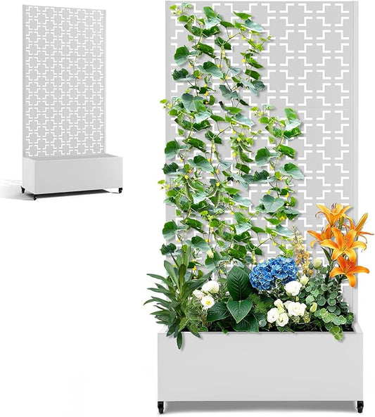 Raised Garden Beds Outdoor with Privacy Screen, Metal Standing Planter Box with Trellis & Wheels, Garden Boxes with Drainage Holes for Climbing Plants, Flowers, Vines (35"L×16"W×71"H, White Square)