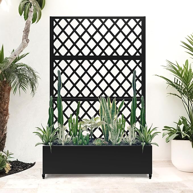Metal Large Planter Box with Trellis for Climbing Plants Vegetables, Raised Garden Bed with Privacy Screen, 47"L×16"W×71"H Garden Boxes with Wheels & Drainage Hole (Black Diamond Lattice)