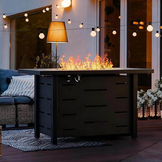 43" Propane Fire Pit, 50,000 BTU Steel Gas Fire Pit Table with Lid for Outside, Steel Lid & Lava Rock, 2 in 1 Fire Table, Adds Warmth to Gatherings & Parties on Patio, Deck, Garden & Backyard, Black