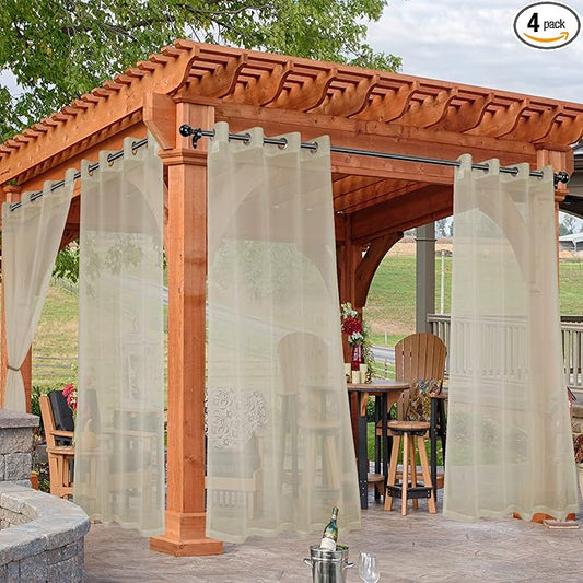 HolidayIdeas Outdoor Sheer Curtains for Patio Waterproof, 4 Panels - 54 x 108 Inch - Light Filtering Voile Outside Curtains Grommet Drapes for Front Porch, Gazebo, Pergola, Backyard, Linen Color