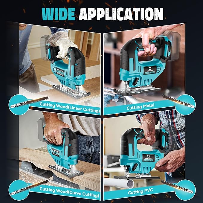 Jigsaw Compatible With Makita 18V, Cordless jig saw tool Brushless Motor, 0°- 45° Bevel Cuts, LED Light with 3 Position Orbital Setting for Straight/Curve/Bevel/Circle Cutting (NO Battery)