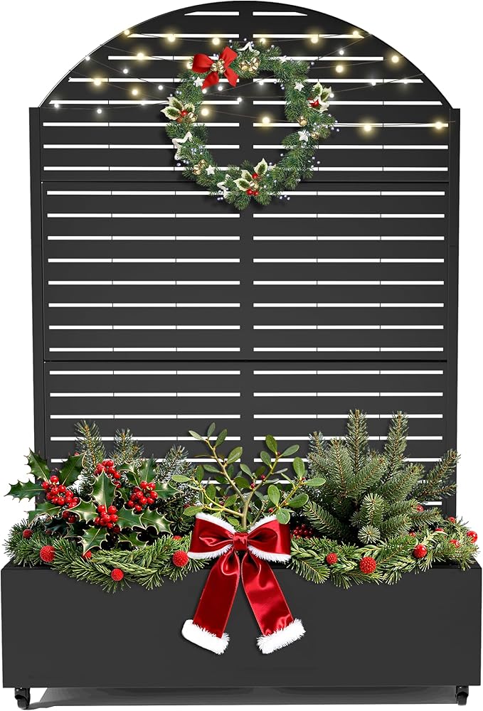 FENCY Metal Raised Garden Bed with Wheels and Trellis,Arched 73"x47"x16" Planter Box for Climbing Plants, Vegetables & Vines, Features Privacy Screen and Drainage Holes (Black-Louvered)