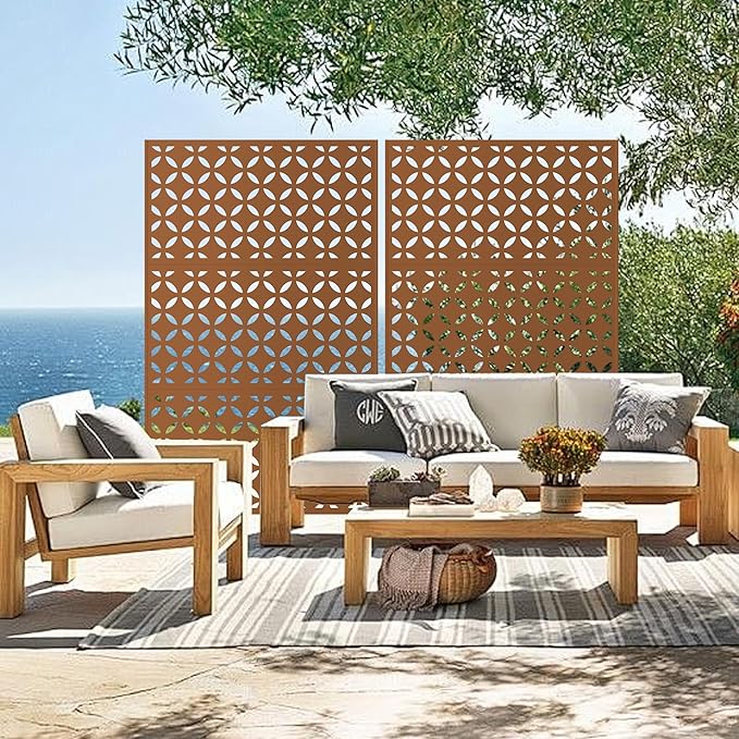 Heavy-Duty Outdoor Privacy Screen for Patio, Balcony, Backyard - 72" H * 44" W Metal Room Divider with Classic Clover Pattern, Anti-Tipping Kit, Weather Resistant, Easy Assembly (Browm-SYC)