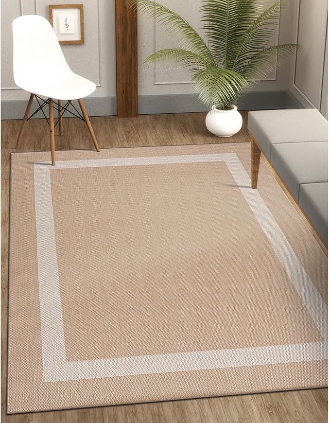 CAMILSON Outdoor Rug 5x7, Modern Outside Rugs for Patios Porches Waterproof Durable Washable Non-Shedding, Easy-to-Clean Indoor Outdoor Area Carpet (5 x 7, Bordered - Beige/White)