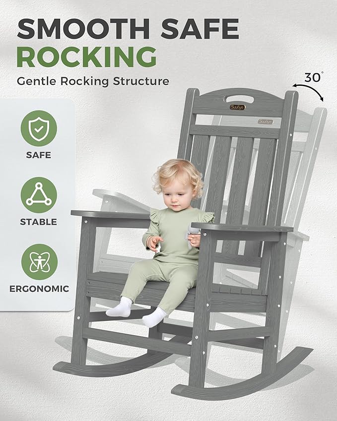 Oversized Outdoor Rocking Chair Set of 2, High Back Porch Rocker Chair, HDPE All Weather Resistant Rocking Chairs for Patio,Grey