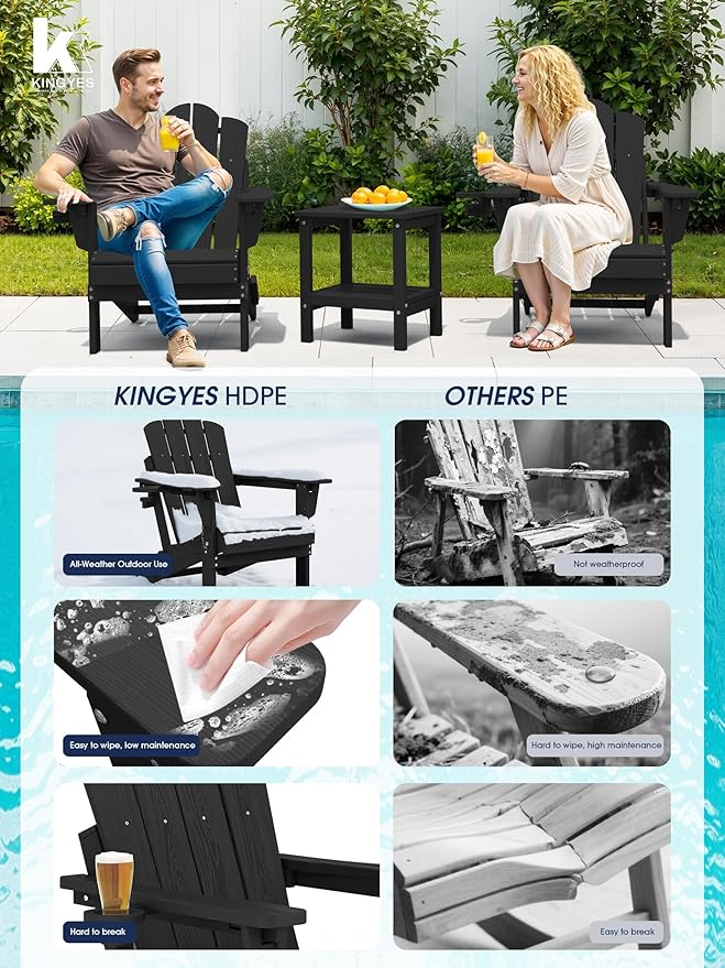 KINGYES Adjustable Folding Adirondack Chair Set of 4, 3-Position Reclining Adirondack Chairs with Cup Holder, HDPE All-Weather Oversized Adirondack for Outdoor, Patio, Backyard Deck, Fire Pit, Black