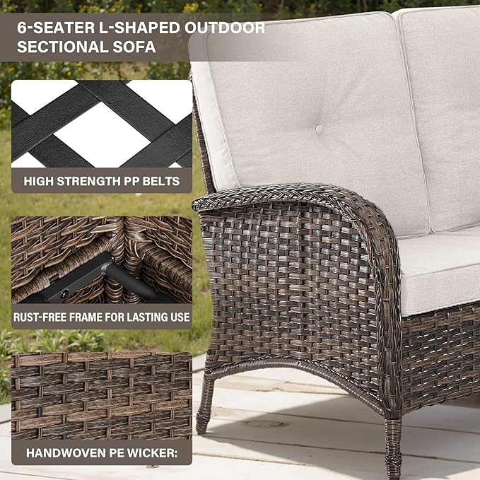 Belord 8 Pieces Patio Conversation Set with 43” Propane Fire Pit Table, Outdoor Sectional Furniture Sofa Set with Removable Cushions for Patio Deck Backyard Brown