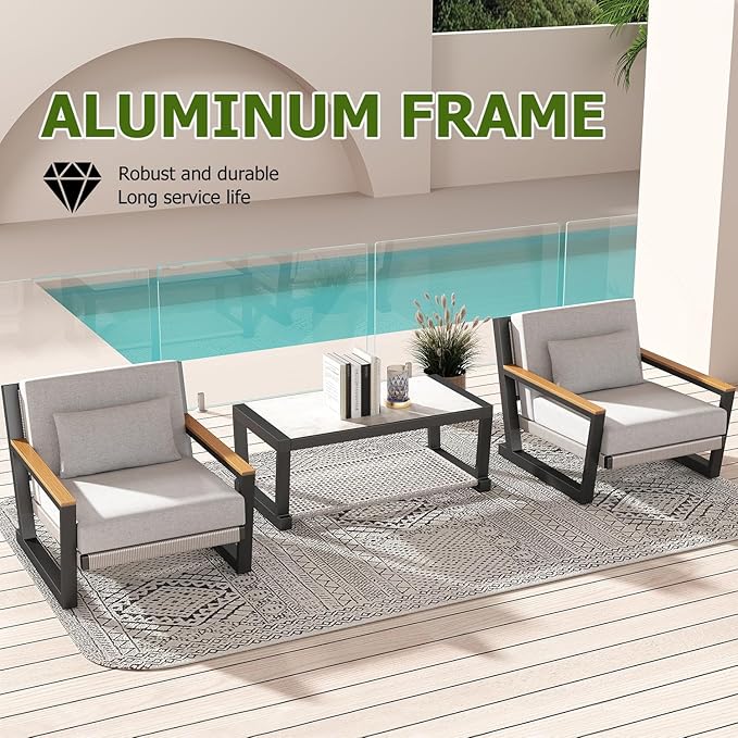 Aluminum Patio Sofa Set with PE Rope Weaving, 500lbs Capacity Outdoor Conversation Set, Waterproof UV-Resistant Cushions & Powder-Coated Frame, Modern Sectional for Poolside, Garden Grey