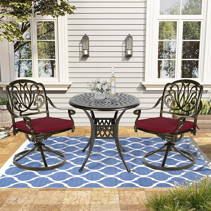 VIVIJASON 3-Piece Patio Furniture Dining Set, Outdoor All-Weather Cast Aluminum Bistro Set, Include 2 Swivel Chairs and 31" Round Table w/Umbrella Hole for Balcony, Lawn, Garden (Red Cushion)