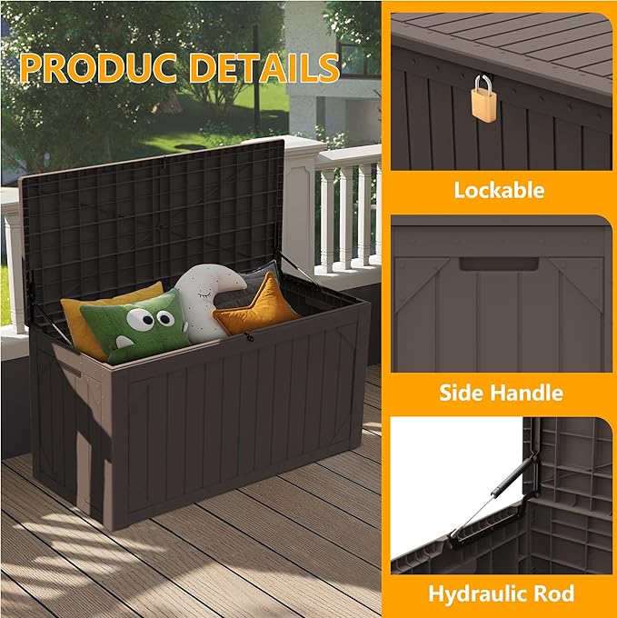 100 Gallon Outdoor Storage Box Waterproof,Resin Deck Box Storage Bin for Cushion Patio Furniture, Pool Accessories, and Garden Tools, Lockable & UV-Resistant, Brown