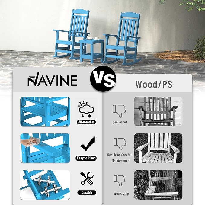 Outdoor Rocking Chairs Set of 6, Oversized High Back Patio Rocking Chairs, All Weather Porch Rocking Chairs for Outside. Pacific Blue