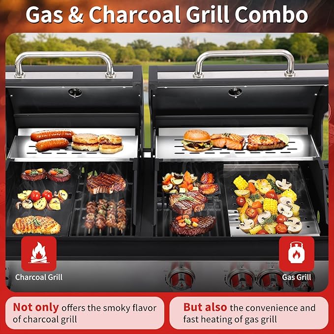 Charcoal Grill and 3-Burner Propane Gas Grill Combo with Side Burner & Porcelain-Enameled Cast Iron Grate, Dual Fuel BBQ Grill with Easy-Clean System for Outdoor Events & Backyard Barbecue