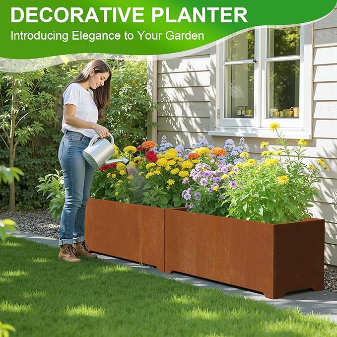 Co-rten Metal Garden Planter Box, Large Outdoor Rectangle Planters with 6 Drainage Holes & Raised Bottom, All-Weather Rust-Resistant Container for Patio, Deck, Commercial Use, 36"L x 15"W x 15"H