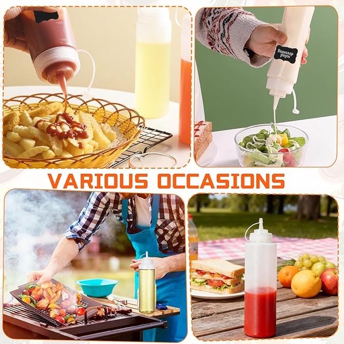 10 Pcs 32 oz Plastic Squeeze Bottles Clear Large Condiment Squeeze Bottles for Sauces Pancake Ketchup Syrup Squirt Condiment Dispenser with Caps Restaurant with 10 Stickers and 1 Pen