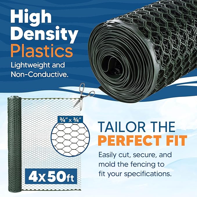 Plastic Hex Chicken Wire Mesh Garden Fence Roll (4' x 50' - Green) - Versatile Poultry Netting and Garden Fence for Temporary or Semi-Permanent Enclosures, Deer Fencing, and Construction Barriers