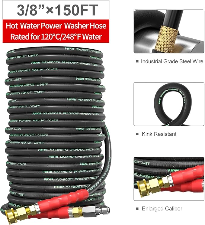 POHIR 3/8" Pressure Washer Hose 150FT 4800psi Kink Resistant High Tensile Wire Braided Power Washer Hose Cold & Hot Water Max 248℉ 2pcs 3/8" Quick Connect to M22 14mm Accessories