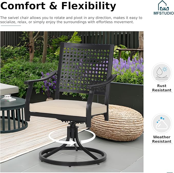 MFSTUDIO Patio Table and Chairs Set, Outdoor Dining Set for 6 with Swivel Chairs, 7 Piece Metal Patio Dining Set for Deck Backyard Poolside Garden