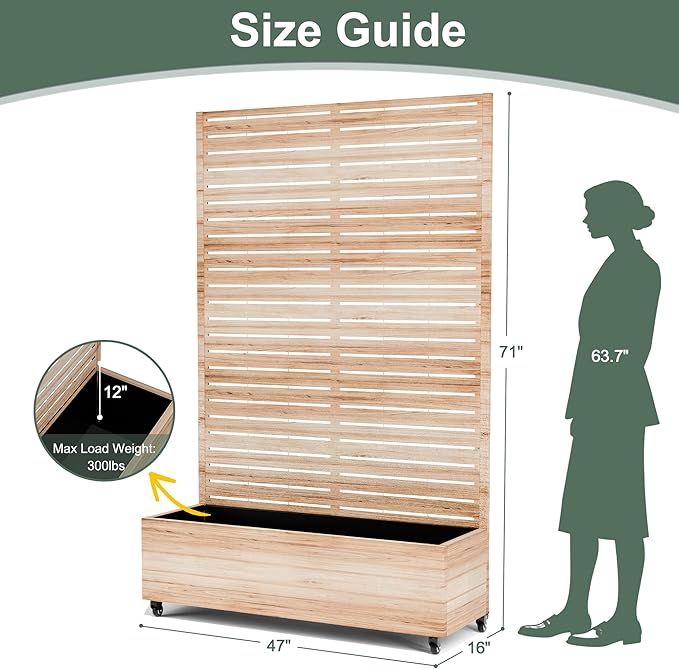 Large Metal Planter Box with Trellis and Wheels for Climbing Plants, Flower Garden Beds with Privacy Screen & Drainage Holes for Patio (47" L, Square White Wood Grain)