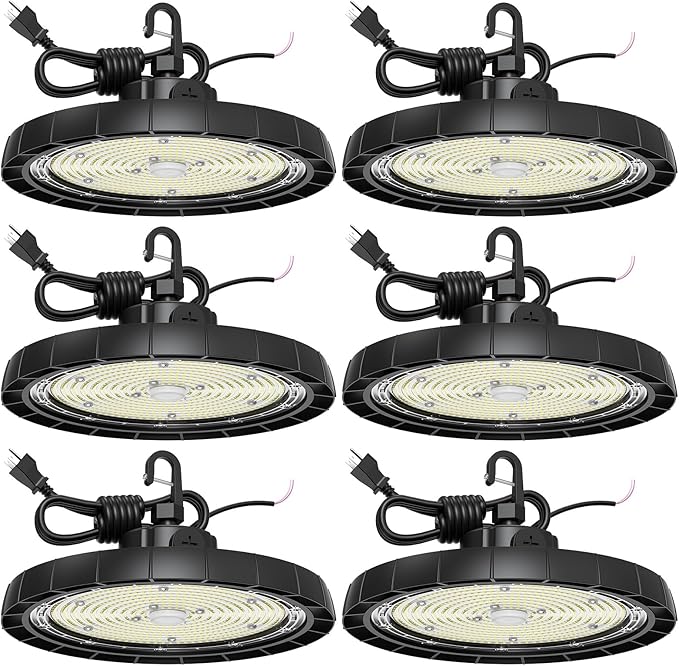 UFO High Bay LED Shop Lights for Garage Workshop,200W(Adjustable) 26000LM(130LM/W) 0-10V Dimmable 6500K Super Bright UFO Lights with US Plug, AC100V-277V IP65 Waterproof Commercial Lamp for Barn-6Pack