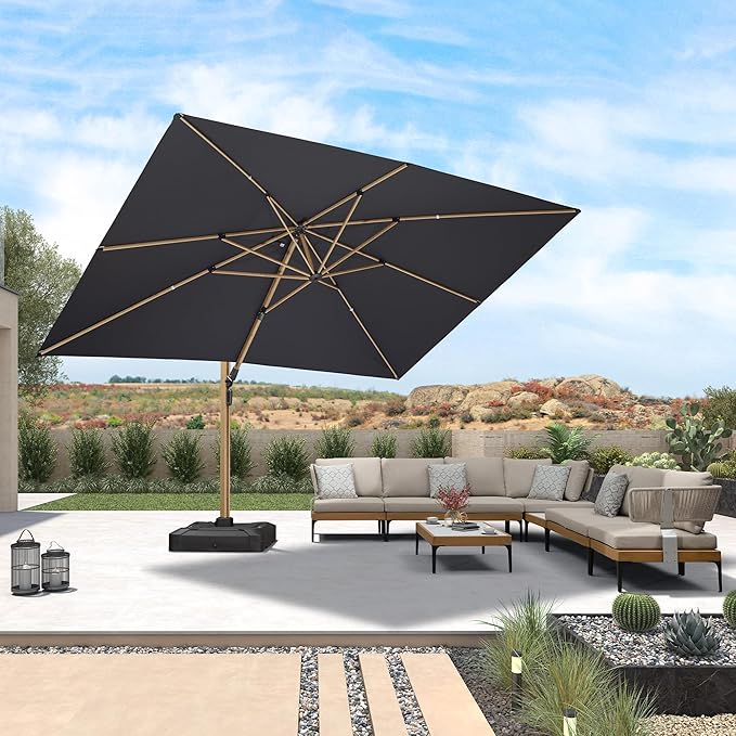 PURPLE LEAF 10‘ x 13’ Rectangle Patio Cantilever Umbrella With Base Large Hanging Umbrella Teak Finished Aluminum Frame Windproof Offset Outdoor Sun Umbrellas for Beach Pool Deck, Grey