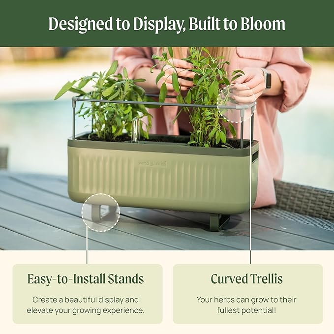 Vego Garden Herb Indoor Plant Box, Self Watering Planters Pots for Indoor Plants with Trellis for Kitchen Window Sill or Countertop Plants Cage - Fog Gray