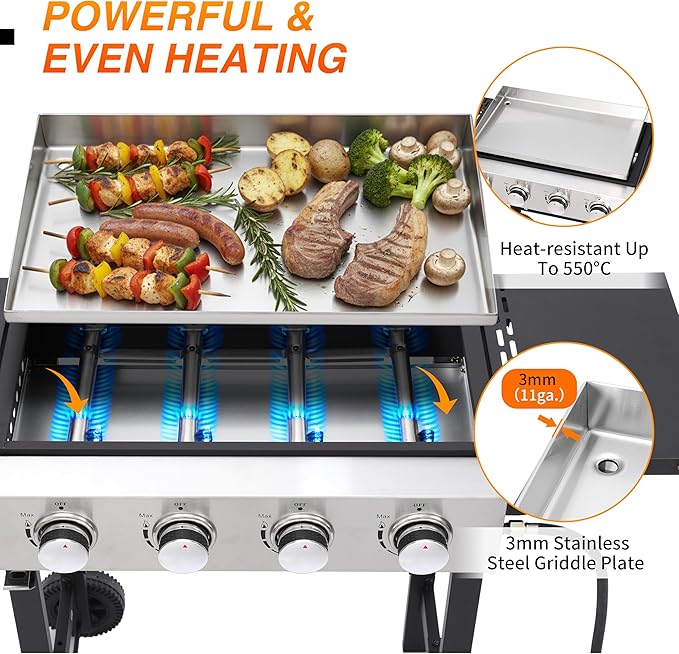 Portable 4-Burner Flat Top Grill with Folding Tabletop Design & Integrated Cart - 38,200 BTU Propane Griddle for Outdoor Cooking, Camping, Tailgating