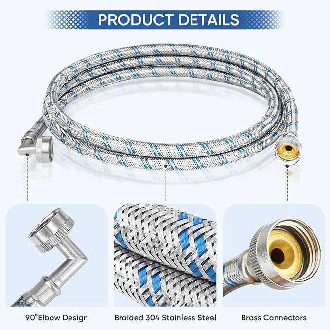 TICONN 8FT Washing Machine Hoses Set, 2 Pack EPDM Core Braided Stainless Steel Burst-Proof Washer Hoses with 90 Degree Elbow, 3/4" FHT Standard Thread (8ft)