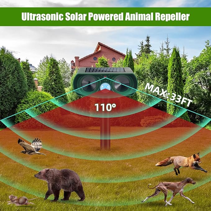 4 Pack Solar Animal Repellent Cat Repellent Outdoor with Motion Detection,Waterproof Ultrasonic Control for Deer Dog Fox Squirrel Raccoon Skunk Rabbit Out of Garden Farm Yard Animal Deterrent Devices