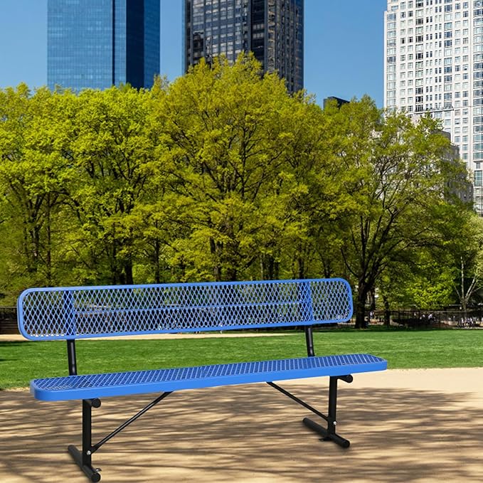 8 FT Steel Park Bench for Outside, Outdoor Bench with Backrest & Portable Frame, Thermoplastic Coating, Commercial Benches for Shopping Mall, Store, Park, Patio, Deck, Blue