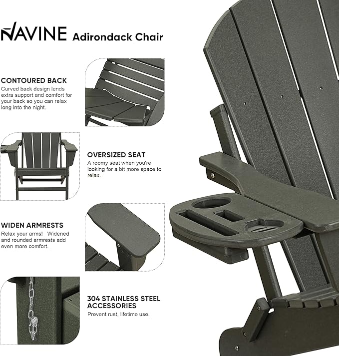 Adirondack Chair Set of 4, HDPE Folding Adirondack Chair with Multifunctional Cup Holder, Weather Resistant Fire Pit Chair for porches, patios, poolsides, Decks.