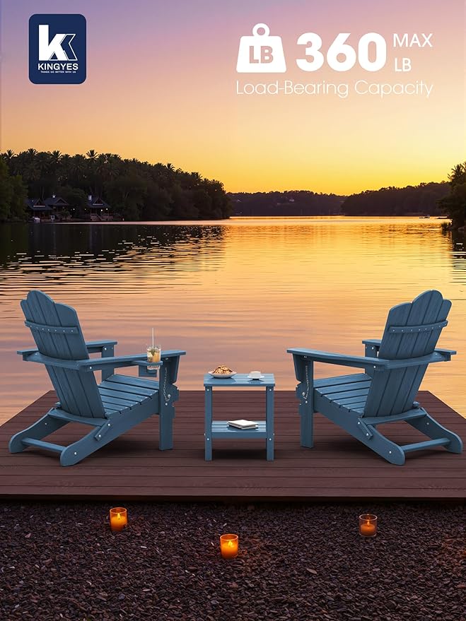 KINGYES Folding Adirondack Chair Set of 2, HDPE All-Weather Patio Chairs with Cup Holder, Wooden Textured Fire Pit Chairs for Poolside, Backyard, Deck, Navy