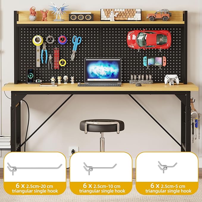 DWVO 60" Adjustable Workbench with Pegboard, Heavy Duty Wood Top Work Bench with Wheels, 1600 LBS Load Capacity, Rolling Work Table with AC/USB Outlet, Hooks, Rack for Garage, Workshop, Office, Home