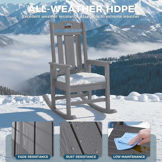 Ciokea Oversized Outdoor Rocking Chairs Set of 2, HDPE Porch Rocking Chairs for Outside, All-Weather Comfortable Patio Rockers for Front Deck Balcony, Grey