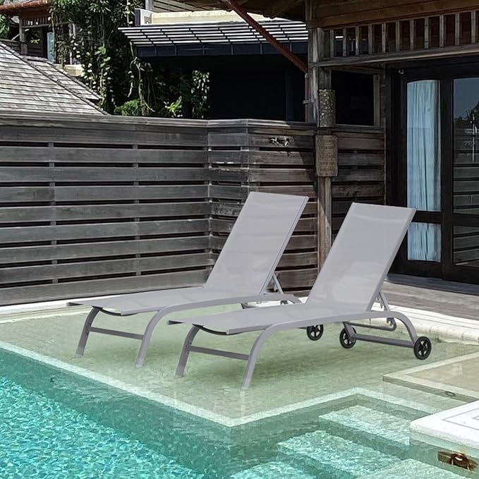 Domi Pool Lounge Chairs Set of 2, Adjustable Aluminum Outdoor Chaise Lounge with Wheels Patio Lounge Chairs, All Weather for Deck Lawn Poolside Backyard-Gray Textilene